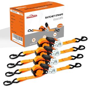 Self-Storing NeatStrap Ratchet Strap with Chromoly S Hooks-1,500lbs Break Strength-Motorcycle, Kayak Ratcheting Straps 1" x 15' Tie-Downs for Pickup Bed,Moving Truck,Trailer(4PK)