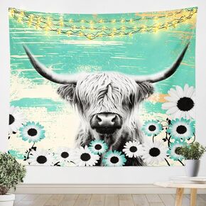Highland Cow Kids Tapestry,Daisy Flowers Rustic Farmhouse Wall Tapestries,Boys Men Room Decor,Bull Cattle Wild Animal Western Cowboy Wall Hanging,Teal Grey Home Wall Decor,Large 59.1 x 82.7 Inches