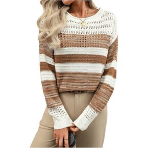 MakeMeChic Women's Striped Long Sleeve Sweater Crochet Tops Crew Neck Pointelle Knit Pullover