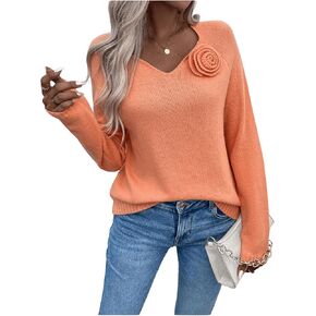 MakeMeChic Women's 3D Flower V Neck Long Sleeve Sweater Knitted Pullover Top