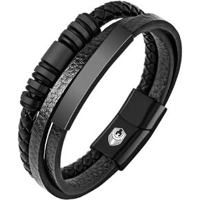 Leather Bracelet, Mens Braided Leather Cuff Bracelets for men, Cowhide Braided bangle, punk wristband, 7.5-8.7 Inches, with Stainless Steel Magnetic Clasp & Premium Gift Box (Black, 7.9)