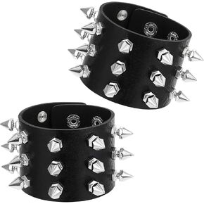 2PCS Exaggerated Black Leather Rivet Wristband, 2 Pcs Punk Rock Spiked Studded Bracelet Gothic Punk Rock Leather Bracelet for Men Women Cuff Wrap Bangle Snap Button Metal Wristband
