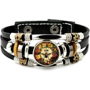 Crown bee Art Bangle Queen Bee glass Cabochon Bracelet,Handmade Bracelet,Charm Bangle Bracelet Jewelry for Women Men (A1, 2CM)