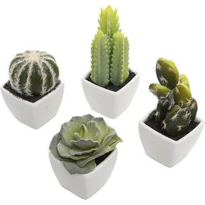 MyGift Set of 4 Assorted Miniature Artificial Succulent & Cactus Plants in White Cube-Shaped Pots