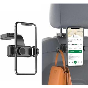 2 in 1 car headrest Hidden Hook with Cell Phone Holder,The Rear seat Multi-Function Shrink Hook can be Used for Backpacks and Bags, and The Phone seat can be rotated 360°