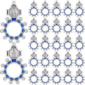 24 Pcs Pocket Rosary Ring Blue Medal Rosary Ring Traditional Finger Rosary Ring Bulk Catholic Rosary Christian Jewelry Crucifix for Baptism Favors Prayer Accessories