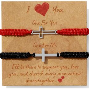 2Pcs Adjustable Couples Bracelet - Christian Cross - Stainless Steel - Strong Woven Rope - Couples, Family & Friendship Bracelet for Men & Women Gift