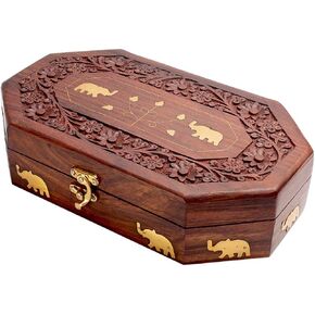 Handcrafted Wooden Box – 10x6 Hexagonal Decorative Box with Hand-Carved Floral Design, Brass Elephant Inlays, and Hinged Lid – Velvet-Lined Keepsake Box for Jewelry and Accessories