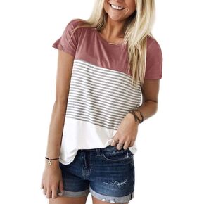 Womens Summer Color Block Striped T-Shirt Short Sleeve Loose Tunic Blouse and Tops