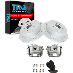 TRQ Rear Performance Brake Pad & Rotor Kit Brake Caliper Brake Pads Brake Rotors Set Semi-Metallic Premium G-Coated Compatible with 2004-2010 Toyota Sienna