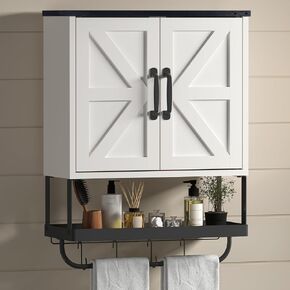 Bathroom Cabinet Wall Mounted with 2 Barn Door, Wood Medicine Cabinet Organizer with Adjustable Shelf and Towel Bar, Storage Cabinet for Bathroom, Laundry, Living Room (White)