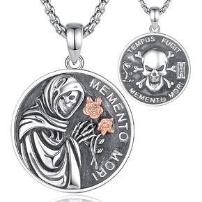 EUDORA S925 Sterling Silver Skull Memento Mori Necklace for Men Women, Santa Muerte Necklaces Holy Death Pendant Amulet Jewelry Original Gift for Women Mens Wife, 22+2inch