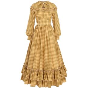 NSPSTT Women Pioneer Dress Vintage Civil War Dresses Colonial Costume Girl Plaid Long Dress