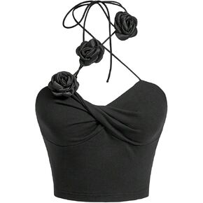 Women's 3D Flower Criss Cross Backless Crop Tank Tops Sleeveless Casual Slim Fit Halter Top