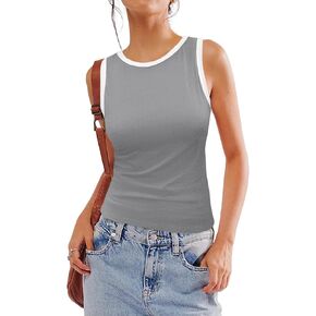 Fisoew Womens Summer Tank Tops Casual Slim Fit Sleeveless Color Block Crew Neck Workout Tees