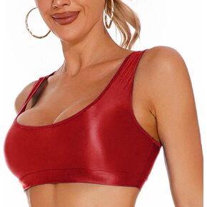 FEOYA Women Shiny Crop Tank Top Oil Glossy Top Metallic Shimmery Top for Club Party Workout