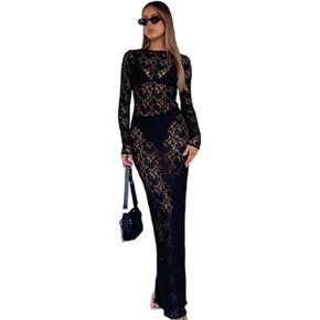 Suillty Women's Elegant Floral Lace Long Sleeve Maxi Dress MeshSee Through Bodycon Y2K Party Club Outfit