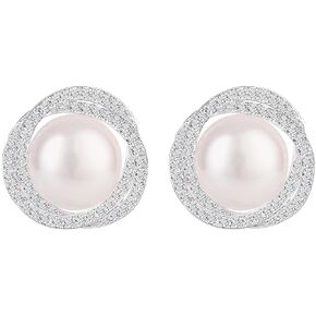 Pearl Stud Earrings for Women - White Pearl Stud Earrings - Cultured Freshwater Pearl in CZ Pave Stud Earrings
