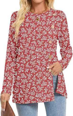 Womens Long Sleeve Tops Dressy Casual Blouses Trendy Loose Fit Shirts Side Split Tunic in Saudi Arabia