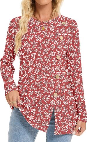 Womens Long Sleeve Tops Dressy Casual Blouses Trendy Loose Fit Shirts Side Split Tunic in Saudi Arabia
