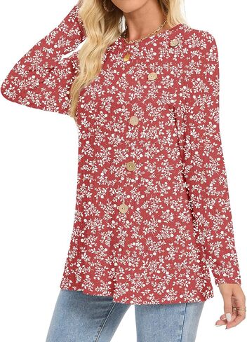 Womens Long Sleeve Tops Dressy Casual Blouses Trendy Loose Fit Shirts Side Split Tunic in Saudi Arabia