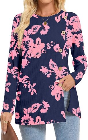 Womens Long Sleeve Tops Dressy Casual Blouses Trendy Loose Fit Shirts Side Split Tunic in Saudi Arabia