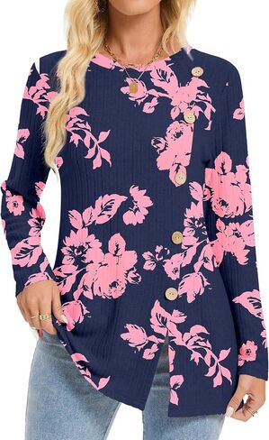 Womens Long Sleeve Tops Dressy Casual Blouses Trendy Loose Fit Shirts Side Split Tunic in Saudi Arabia