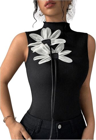 MakeMeChic Women's 3D Floral Mock Neck Tank Tops Sleeveless Tops Rib Knitted Summer Shirt in Saudi Arabia