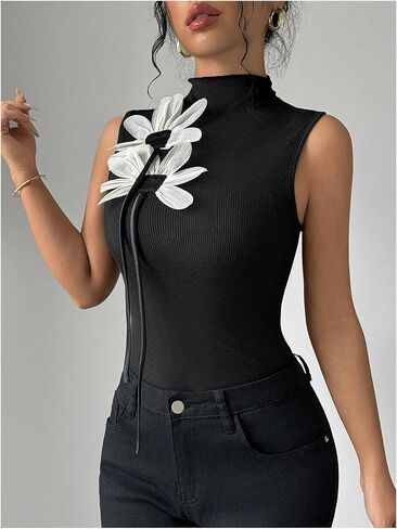 MakeMeChic Women's 3D Floral Mock Neck Tank Tops Sleeveless Tops Rib Knitted Summer Shirt in Saudi Arabia