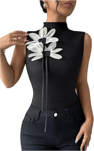 MakeMeChic Women's 3D Floral Mock Neck Tank Tops Sleeveless Tops Rib Knitted Summer Shirt in Saudi Arabia