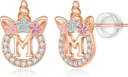 925 Sterling Silver Unicorn Earrings, 14K Gold/Rose Gold/Silver/Unicorn Earrings for Girls Kids Toddler Little Girls Hypoallergenic Letter Initial Earrings for Girls Christmas Gifts in Saudi Arabia