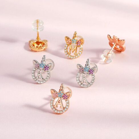 925 Sterling Silver Unicorn Earrings, 14K Gold/Rose Gold/Silver/Unicorn Earrings for Girls Kids Toddler Little Girls Hypoallergenic Letter Initial Earrings for Girls Christmas Gifts in Saudi Arabia