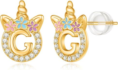 925 Sterling Silver Unicorn Earrings, 14K Gold/Rose Gold/Silver/Unicorn Earrings for Girls Kids Toddler Little Girls Hypoallergenic Letter Initial Earrings for Girls Christmas Gifts in Saudi Arabia