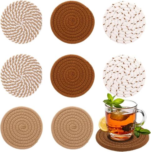 8 Pcs Coasters Handmade Woven Drink Coasters Woven Cup Holder Brown Absorbent Coasters Heat Resistant Cotton Coasters Cotton Table Coasters 4.3 inches Cup Coasters for Cups Bar Housewarming Gift in Saudi Arabia