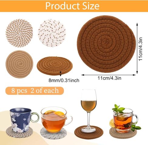 8 Pcs Coasters Handmade Woven Drink Coasters Woven Cup Holder Brown Absorbent Coasters Heat Resistant Cotton Coasters Cotton Table Coasters 4.3 inches Cup Coasters for Cups Bar Housewarming Gift in Saudi Arabia
