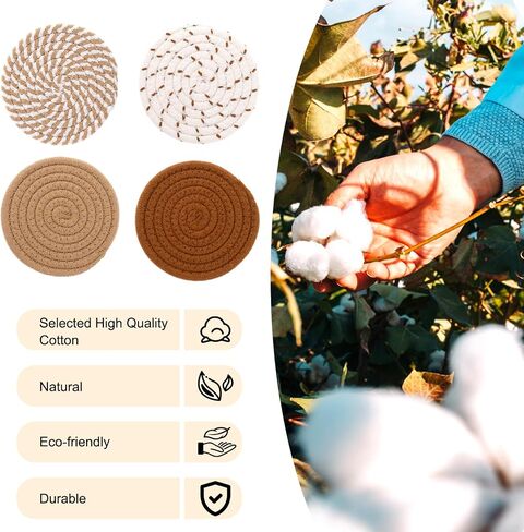 8 Pcs Coasters Handmade Woven Drink Coasters Woven Cup Holder Brown Absorbent Coasters Heat Resistant Cotton Coasters Cotton Table Coasters 4.3 inches Cup Coasters for Cups Bar Housewarming Gift in Saudi Arabia