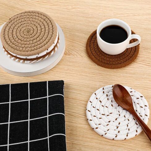 8 Pcs Coasters Handmade Woven Drink Coasters Woven Cup Holder Brown Absorbent Coasters Heat Resistant Cotton Coasters Cotton Table Coasters 4.3 inches Cup Coasters for Cups Bar Housewarming Gift in Saudi Arabia