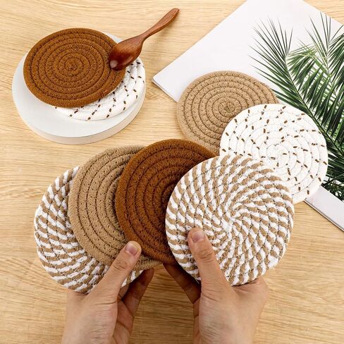 8 Pcs Coasters Handmade Woven Drink Coasters Woven Cup Holder Brown Absorbent Coasters Heat Resistant Cotton Coasters Cotton Table Coasters 4.3 inches Cup Coasters for Cups Bar Housewarming Gift in Saudi Arabia