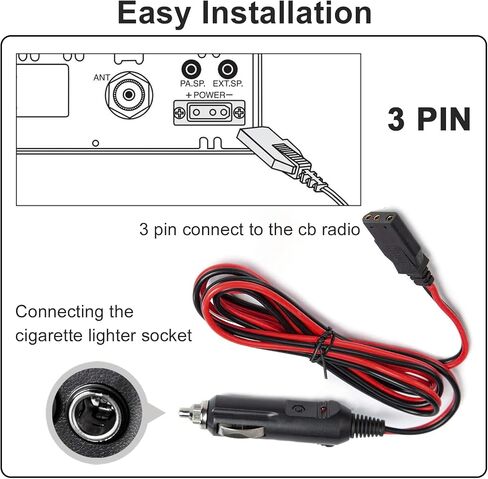 3 Pin CB Power Cord 12V Cigarette Lighter Cable 5Ft CB Radio Power Plug Connector for Cobra 29 Ltd Classic Uniden Bearcat CB Ham Radios Heavy Duty 2 Wire 15a Fuse Replacement, Black and Red in Saudi Arabia