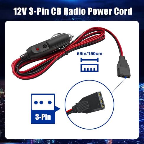 3 Pin CB Power Cord 12V Cigarette Lighter Cable 5Ft CB Radio Power Plug Connector for Cobra 29 Ltd Classic Uniden Bearcat CB Ham Radios Heavy Duty 2 Wire 15a Fuse Replacement, Black and Red in Saudi Arabia