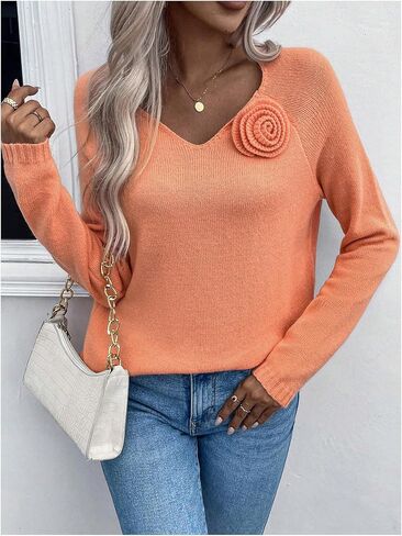 MakeMeChic Women's 3D Flower V Neck Long Sleeve Sweater Knitted Pullover Top in Saudi Arabia