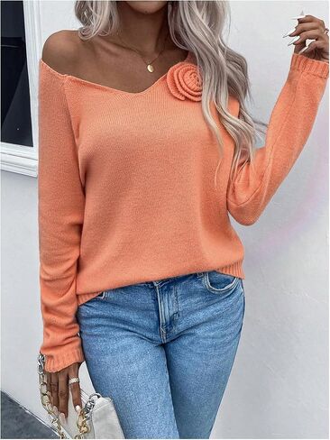 MakeMeChic Women's 3D Flower V Neck Long Sleeve Sweater Knitted Pullover Top in Saudi Arabia