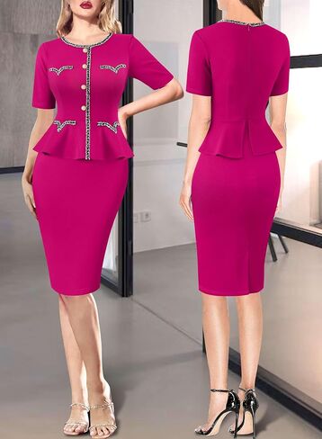 VFSHOW Womens Buttons Peplum Work Business Office Professional Patchwork Pencil Sheath Dress in Saudi Arabia