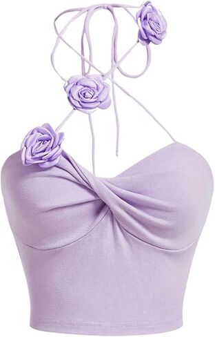 Women's 3D Flower Criss Cross Backless Crop Tank Tops Sleeveless Casual Slim Fit Halter Top in Saudi Arabia