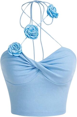 Women's 3D Flower Criss Cross Backless Crop Tank Tops Sleeveless Casual Slim Fit Halter Top in Saudi Arabia