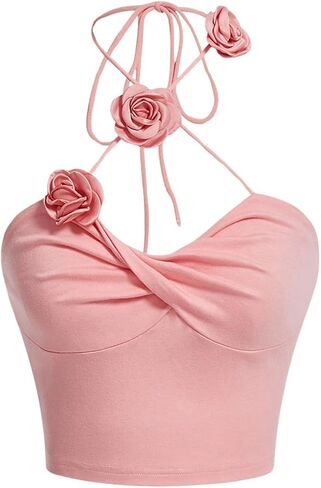 Women's 3D Flower Criss Cross Backless Crop Tank Tops Sleeveless Casual Slim Fit Halter Top in Saudi Arabia