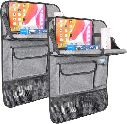 منظم المقعد الخلفي للسيارة مع حامل للكمبيوتر اللوحي - عبوتان منظم المقعد الخلفي للسيارة مع صينية طاولة قابلة للطي، منظم تخزين السيارة مع صينية طعام قابلة للطي، واقي المقعد الخلفي للأطفال (رمادي) in Kuwait