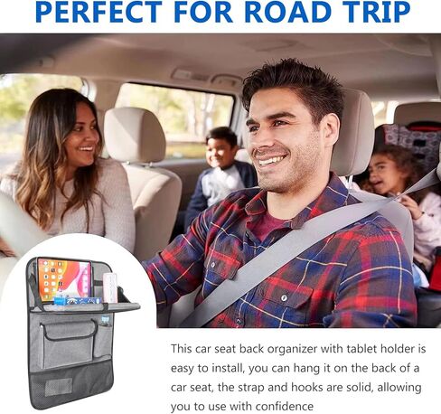 منظم المقعد الخلفي للسيارة مع حامل للكمبيوتر اللوحي - عبوتان منظم المقعد الخلفي للسيارة مع صينية طاولة قابلة للطي، منظم تخزين السيارة مع صينية طعام قابلة للطي، واقي المقعد الخلفي للأطفال (رمادي) in Kuwait