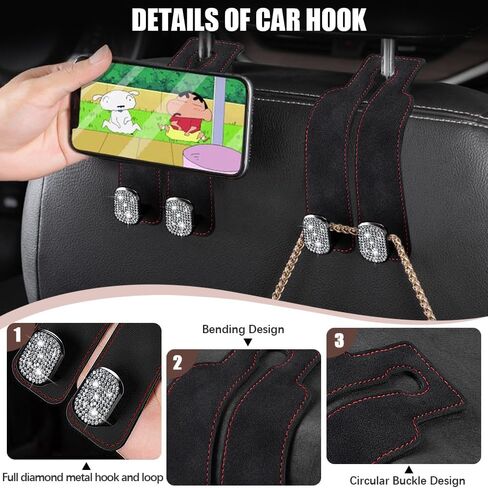 Bling Car Hooks,Car Seat Hooks for Headrest,Double Car Headrest Hook,Car Seat Hooks for Purses and Bags,Universal Hook for Car/SUV/Truck/Pickup(Bling Black,2PC) in Saudi Arabia