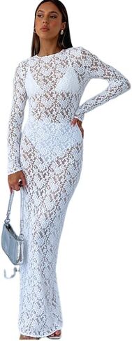 Suillty Women's Elegant Floral Lace Long Sleeve Maxi Dress MeshSee Through Bodycon Y2K Party Club Outfit in Kuwait